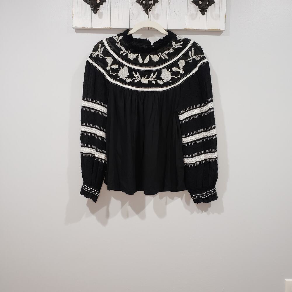 Maeve Anthropologie Winona Lace Blouse Black Embroidered Boho Top Sz S